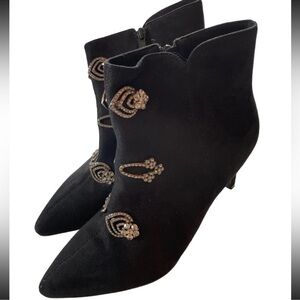 EUC Midnight Velvet Heel Booties with Decorative Jeweled Buckles size 11
